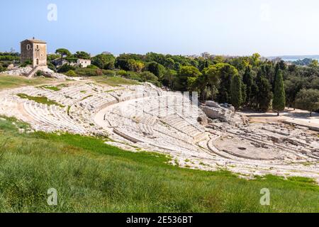 Wide angle view of the ancient Greek Theater of Syracuse in a sunny summer day Stock Photo