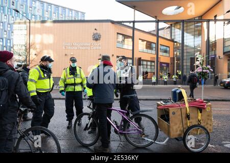 Bristol, UK. 25th January 2021. Four people who have been charged with criminal damage after the toppling of a statue of slave trader Edward Colston Stock Photo