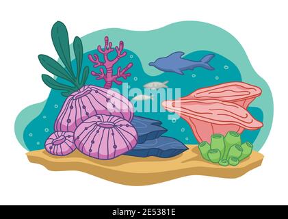Aquarium or ocean, sea bottom with flora and fish Stock Vector