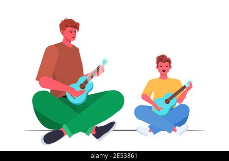 young father teaching little son to play guitar parenting fatherhood concept dad spending time with his kid full length horizontal vector illustration Stock Vector