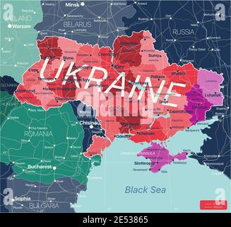 Ukraine detailed editable map with regions cities and towns, roads and railways. Vector EPS-10 file Stock Vector