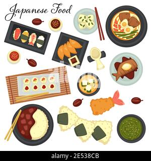 Japanese cuisine maki roll with fish salmon or tuna and shrimp, traditional salad seaweed with sesame. Stock Vector