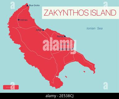 Zakynthos island detailed editable map with regions cities and towns, roads and railways, geographic sites. Vector EPS-10 file Stock Vector