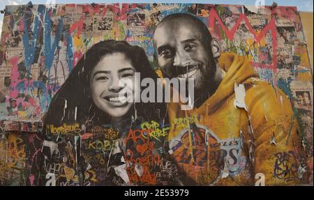Los Angeles, United States. 26th Jan, 2021. A mural honoring Kobe Bryant and his daughter Gianna Bryant is seen on Monday, January 25, 2021 in Los Angeles. One day ahead of the anniversary of the Calabasas helicopter crash that killed the Laker legend, his 13-year-old daughter and seven others, Sen. Dianne Feinstein (D-CA) and Rep. Brad Sherman (D-CA) announced a bill Tuesday that would require Terrain Avoidance Warning Systems on all helicopters carrying six or more passengers. Photo by Jim Ruymen/UPI. Credit: UPI/Alamy Live News Stock Photo