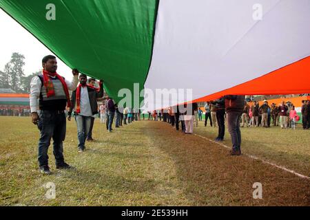 Nagaon, Assam, India - 26 Jan 2021: 100 mtrs log Indian National flag displayed at Nurul Amin Stadium during the celebration of Republic Day in Nagaon, Assam, India. Credit: DIGANTA TALUKDAR/Alamy Live News Stock Photo