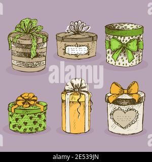 Collection of gift present boxes with bows, ribbon, hearts and labels vector illustration Stock Vector