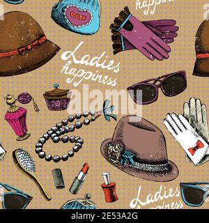 Ladies happiness background. Women pattern with gloves glasses hat perfume and other accessory vector illustration Stock Vector