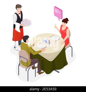 Isometric waiter with leg prosthesis and hearing aid working in restaurant, flat vector illustration. Disabled lifestyle Stock Vector