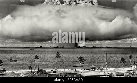 A test nuclear explosion codenamed “Baker” at Bikini Atoll in the Marshall Islands, on July 25, 1946. The 40 kiloton atomic bomb was detonated by the Stock Photo