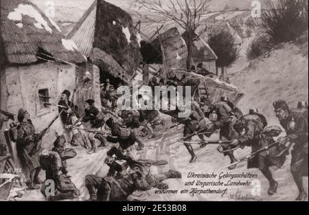 The First World War period. Ukrainian mountain shelters and Hungarian Landwehr Tower a Carpathian village. Stock Photo