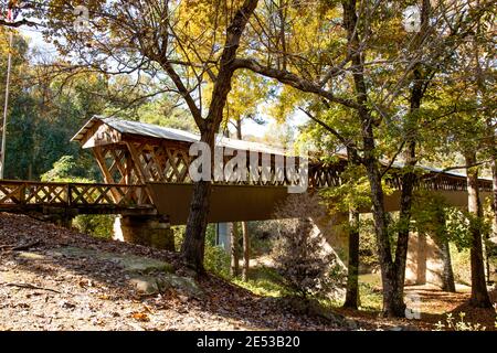 Bethel, Alabama/USA-Nov. 10, 2018: The Clarkson-Legg Covered Bridge built in 1904 spans Crooked Creek in Cullman County. Stock Photo