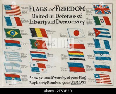 American vintage poster of Flags of Feedom. United in Defense of Liberty and Democracy. Stock Photo