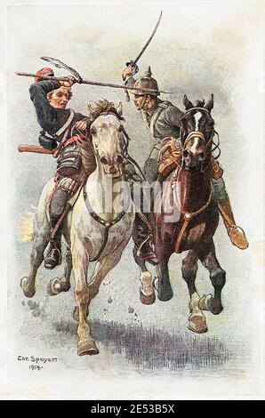 The World War I. Eastern Prussia. Fight between a German and Russian cavalry men. 1914 Stock Photo