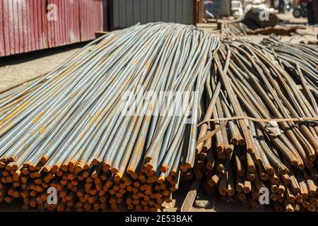 Reinforcing steel bar for sale, rebar for concrete construction work Stock Photo