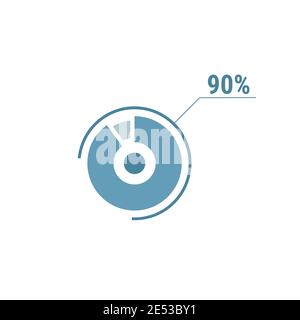 Ninety percent chart pie, 90 percent circle diagram, vector design illustration, blue on white background. Stock Vector