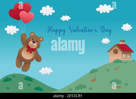 a teddy bear is floating in the sky using a heart-shaped balloon Stock Vector