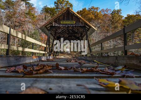 Mentone, Alabama/USA-Nov. 16, 2018: Low angle view of the Old Union Crossing Covered Bridge, a wood and metal combination bridge dating back to the Am Stock Photo