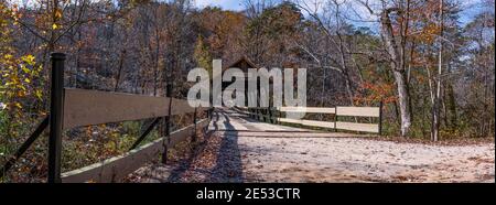 Mentone, Alabama/USA-Nov. 16, 2018: Panorma of the Old Union Crossing Covered Bridge, a wood and metal combination bridge dating back to the American Stock Photo