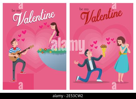 illustration of a man singing and offering flowers to his partner on valentine's day Stock Vector