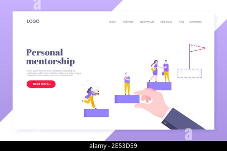 Business mentor helps to improve career and holding stairs steps vector illustration. Mentorship, upskills and self development strategy flat style de Stock Vector