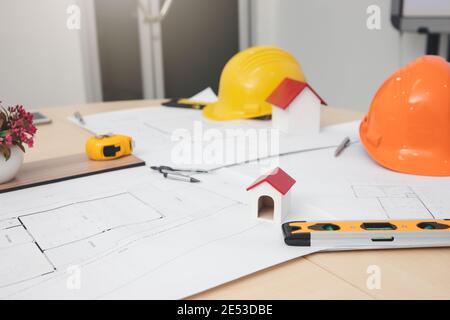 Engineer and Architect concept, Engineer Architects  and Interior designer working with blueprints Stock Photo