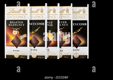Row of Lindt dark chocolate bars Stock Photo