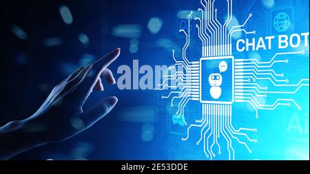 Chatbot computer program designed for conversation with human users over the Internet. Support and customer service automation technology concept. Stock Photo