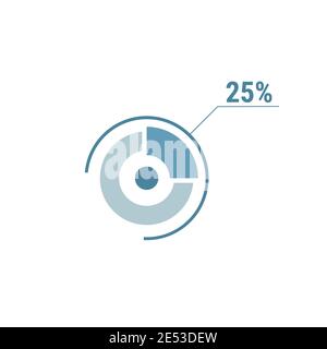 Twenty five percent chart, 25 percentage diagram. Vector circle chart design for web ui design. Flat vector illustration blue on white background. Stock Vector