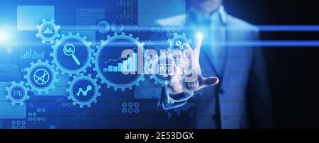 Big Data analysis, Business process analytics diagrams with gears and icons on virtual screen Stock Photo
