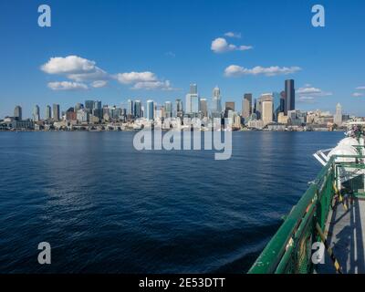 Seattle's waterfront from the Bainbridge Island ferry as it approaches the Seattle ferry terminal at Colman Dock Stock Photo