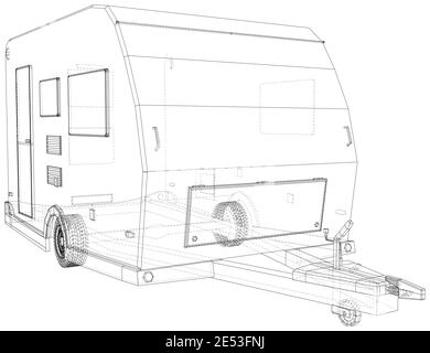 Camper Trailer Isolated. 3D rendering. Wire-frame. The layers of visible and invisible lines are separated. EPS10 format Stock Vector