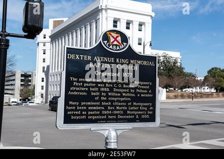 Montgomery, Alabama/USA-January 20, 2018: Historical marker depicting the Dexter Avenue King Memorial Baptist Church in downtown Montgomery. Stock Photo