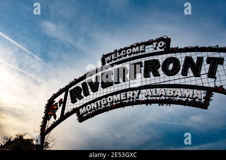 Montgomery, Alabama/USA-December 18, 2018: A view of the Riverfront sign at the entrance to Riverfront Park decorated for Christmas in downtown Montgo Stock Photo