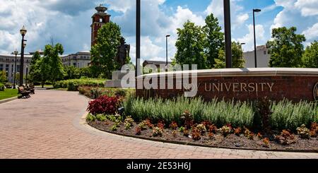 Montgomery, Alabama/USA-August 6, 2018: Web banner for Troy University in Montgomery with the trojan statue in the background. Stock Photo