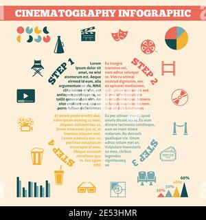 Commercial cinematography film production development in four steps infographics with statistic charts poster print flat vector illustration Stock Vector