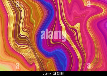 Psychedelic texture of liquid marble in pink and blue tones with gold strokes Stock Photo