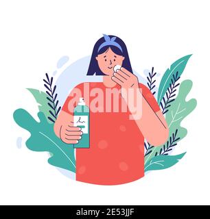 Skin care concept. A young woman applying tonic to cotton disc on her face. Natural cosmetic beauty product. Facial skincare. Vector illustration. Stock Vector