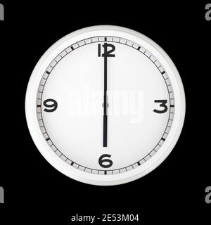 White round analog wall clock isolated on black background, its six oclock. Stock Photo