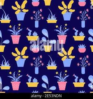 Houseplant seamless pattern. Vector background with different potted plants and flowers. Stock Vector