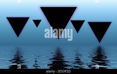 Dark triangles reflected in water surface, abstract background. Stock Photo