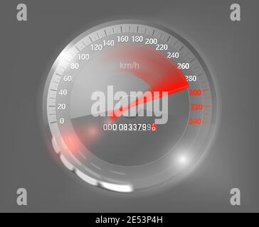 Speedometer scale with red arrow pointing to the upper bound of speed, vector. Stock Vector