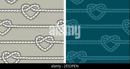 Two different versions of seamless pattern vectors with hearts made with nautical ropes. Stock Vector