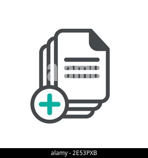 Black rounded document sheet with plus sign. Flat icon isolated on white. Upload document icon. New document. Stock Vector