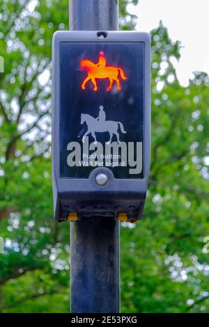 Pegasus crossing for people on horseback with image of a red horse with person riding & instructions: Push button wait for signal. Ruislip Woods. Stock Photo