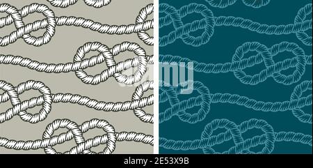 Two different versions of seamless pattern vector with knots, made with nautical strings. Stock Vector