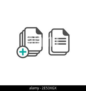 Set of document icons. Black rounded document sheet with plus sign. Flat icon isolated on white. Upload document icon. New document. Stock Vector