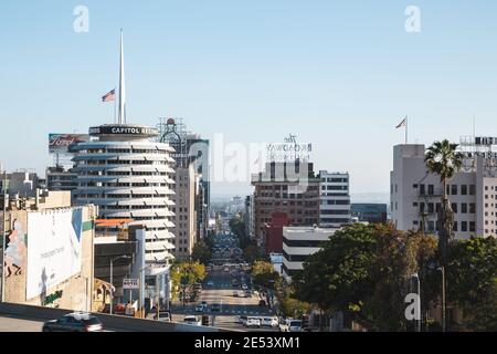 HOLLYWOOD, LOS ANGELES, UNITED STATES - Apr 06, 2018: The Capitol Records Building was designed by Louis Naidorf and completed in 1956. Stock Photo