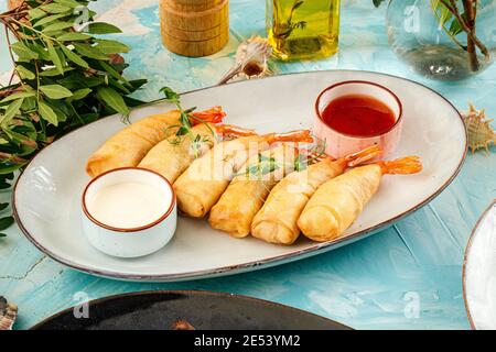 Asian deep fried spring rolls with shrimp Stock Photo