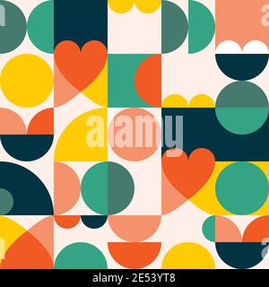 Mid-century modern 60's and 70's style vector seamles pattern - retro minimalist geometric textile or fabric print with hearts Stock Vector