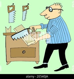 Vector illustration carpenter with saw, color drawing  caricature. Color background Stock Vector